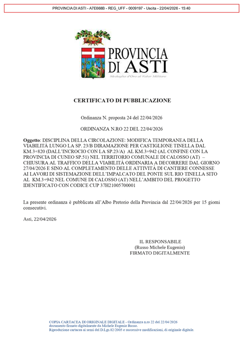 Dal 27/04/2026 Modifica Temporanea della Viabilità per Lavori Ponte sul Rio Tinella