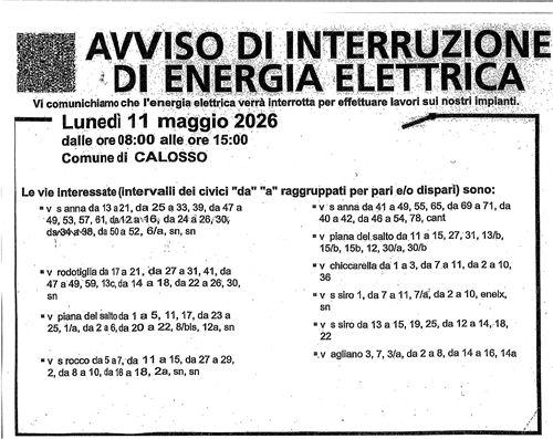 avviso di interruzione di Energia Elettrica